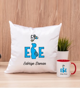 Ebe Kare Yastık ve Kırmızı Kupa Bardak