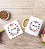 İsim Yazılı Tarihli Sarı Kupa Bardak Ve Bardak Altlığı Seti
