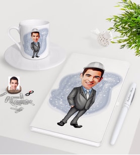 BK Gift Kişiye Özel Erkek Mühendis Karikatürlü Beyaz Defter Kalem Türk Kahvesi Fincanı Seti (Model 1)