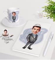 BK Gift Kişiye Özel Erkek Mühendis Karikatürlü Beyaz Defter Kalem Türk Kahvesi Fincanı Seti (Model 1)