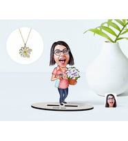 BK Gift Kişiye Özel Ev Hanımı Karikatürlü 3D Ahşap Biblo ve İsimli Tarihli Papatya Kolye Seti-2 (Model 1)