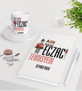 BK Gift Kişiye Özel Eczacı Teknisyeni Beyaz Defter Kalem Türk Kahvesi Fincanı Seti-1 (Model 1)