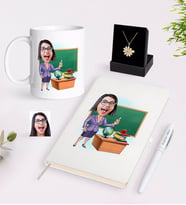 BK Gift Kişiye Özel Bayan Öğretmen Karikatürlü Beyaz Kupa Defter Kalem ve İsimli Papatya Kolye Hediye Seti-1 (Model 1)