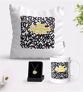 BK Gift Kişiye Özel Sınıf Öğretmeni Beyaz Kupa Yastık ve İsimli Papatya Kolye Hediye Seti-14 (Model 1)