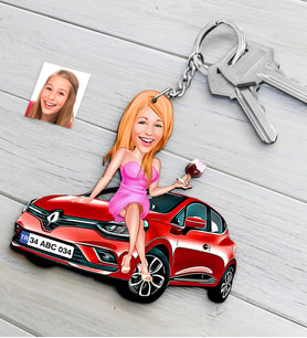 BK Gift Kişiye Özel Bayan Renault Clio Figürlü Plakalı Ahşap Karikatür Anahtarlık-2 (Beyaz)