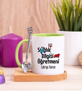 Sağlık Bilgisi Öğretmeni Ahşap Altlıklı Yeşil Kupa Bardak