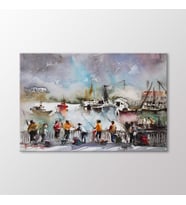Arty Tablo Suluboya Köprüde Balık Tutanlar Tablo (Karışık)