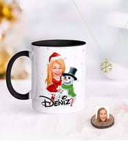 BK Gift Kişiye Özel Kadın Yeni Yıl Karikatürlü Siyah Kupa ve Kar Tanesi Kolye-2 (Model 1)