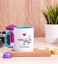 Psikolog Ahşap Altlıklı Mumlu Mavi Kupa Bardak