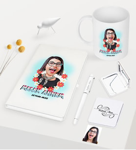 BK Gift Kişiye Özel Melek Annem Karikatürlü Beyaz Defter Kalem Kupa Ayna Seti (Model 1)