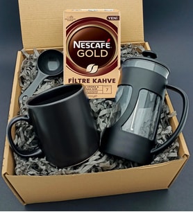 French Press & Siyah Kupa & Nescafe Gold Filtre Kahve Hediye Seti