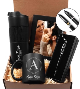 Kişiye Özel French Pressli Termos & 32GB USB Kalem & Siyah Çerçeve & Sihirli Kupa Hediye Seti (Model 1)