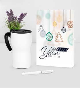 BK Gift Kişiye Özel Yılbaşı Mutlu Yıllar Temalı Beyaz Defter Kalem Termos Mug Seti - 15