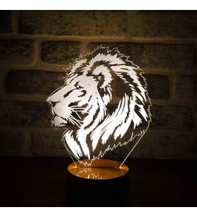 Aslan Portre Figürlü Dekoratif Hediye Led Masa Lambası 7 Işık Rengi Ahşap Taban