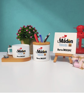 Mesajlı Maden Mühendisi Tasarımlı Kişiye Özel Maden Mühendisi Ahşap Altlıklı Fincan Kalemlik ve Dekoratif Taş Baskı Hediye Seti