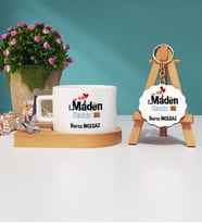 Mesajlı Maden Mühendisi Tasarımlı Kişiye Özel Maden Mühendisi Ahşap Altlıklı Fincan ve Anahtarlık Hediye Seti