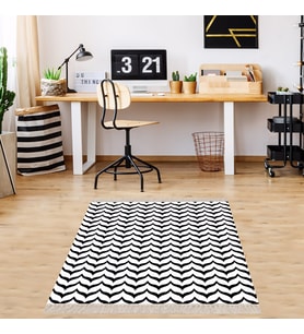 Geometrik Desenli Dijital Baskı Yıkanabilir Kaymaz Taban Modern Desen Salon Halı (Siyah - Beyaz)