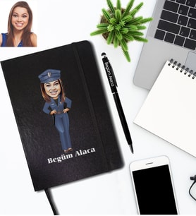 Kişiye Özel Polis Karikatürlü Siyah Defter Kalem Hediye Seti  Bayan-1