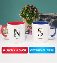 İkili Kişiye Özel Baş Harf ve İsim Yazılı Kupa Bardak Kırmızı Lacivert