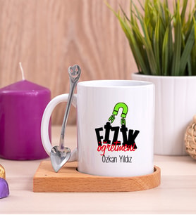 Fizik Öğretmeni Ahşap Altlıklı Beyaz Kupa Bardak