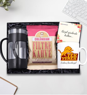 Kişiye Özel Sarı Kırmızı Taraftar Kupa & French Press & Colombian Taze Filtre Kahve Hediye Seti