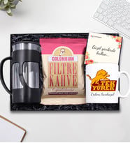 Kişiye Özel Sarı Kırmızı Taraftar Kupa & French Press & Colombian Taze Filtre Kahve Hediye Seti