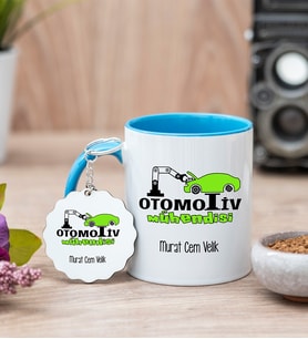 Otomotiv Mühendisi Mavi Kupa Bardak Ve Anahtarlık Set