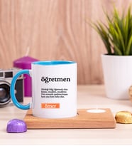 Öğretmen Kelime Anlamı Ahşap Altlıklı Mumlu Mavi Kupa Bardak