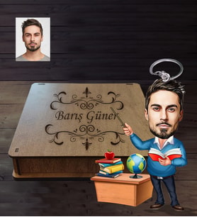 Kişiye Özel Öğretmen Karikatürlü  Ahşap Anahtarlık Kutulu Bay-1