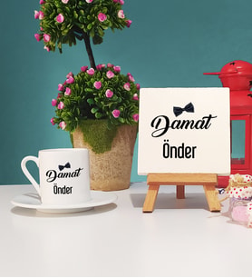 Damat Tasarımlı Kişiye Özel Damat Türk Kahvesi Fincanı ve Dekoratif Taş Baskı Hediye Seti