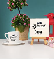 Damat Tasarımlı Kişiye Özel Damat Türk Kahvesi Fincanı ve Dekoratif Taş Baskı Hediye Seti
