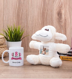 Kadınlar Günü Hediyesi Beyaz Kupa Bardak ve Peluş Koyun