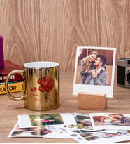 Sevgililere Özel Balon Tasarım Gold Kupa Bardak ve Ahşap Standlı Polaroid Set