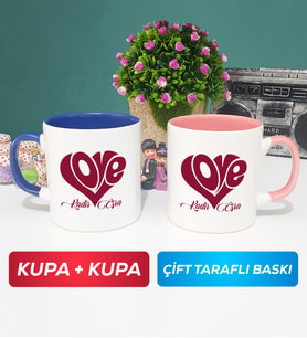 İkili Love Tasarımlı Sevgililer Günü Hediyesi Kupa Bardak Lacivert Pembe