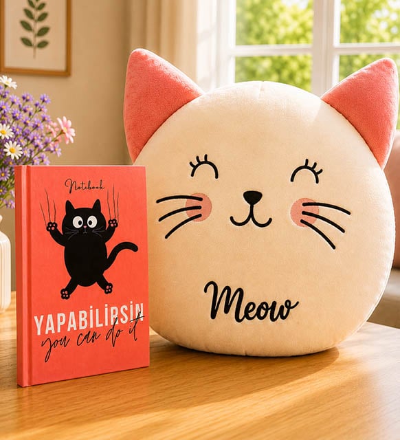 Yapabilirsin Motive Kedi Defter & Sevimli Kedi Polar Yastık