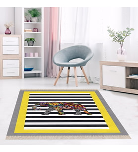 Fil Desenli Etnik Dijital Baskı Yıkanabilir Modern Salon Filli Halı ve Yolluk (Sarı) (Siyah-Sarı)