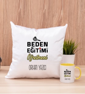 Beden Eğitimi Öğretmeni Kare Yastık ve Sarı Kupa Bardak