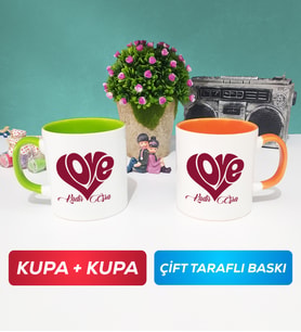 İkili Love Tasarımlı Sevgililer Günü Hediyesi Kupa Bardak Yeşil Turuncu