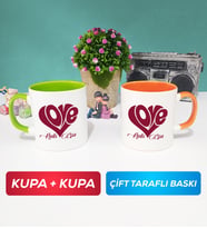 İkili Love Tasarımlı Sevgililer Günü Hediyesi Kupa Bardak Yeşil Turuncu