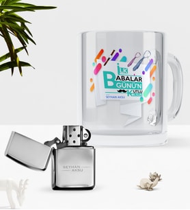 BK Gift Kişiye Özel İlk Babalar Günün Kutlu Olsun Cam Kupa Bardak Benzinli Çakmak Seti-6 (Model 1)