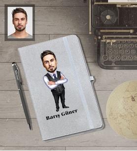 Kişiye Özel Öğretmen Karikatürlü Gri Defter Kalem Hediye Seti  Bay-12