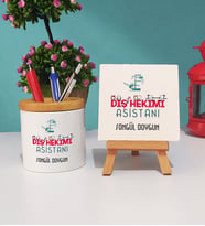 Diş Hekimi Asistanı Hediye Kalemlik ve Dekoratif Taş Baskı Hediye Seti