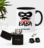 BK Gift Kişiye Özel Süper Baba Siyah Kupa Çakmak Kol Düğmesi Seti-4 (Model 1)