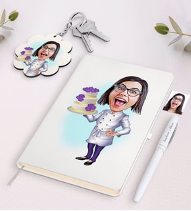 BK Gift Kişiye Özel Kadın Chef Karikatürlü Beyaz Defter Kalem ve Anahtarlık Hediye Seti-2 (Model 1)
