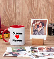 Sevgililere Özel İsim Yazılı Kırmızı Kupa Bardak ve Ahşap Standlı Polaroid Set