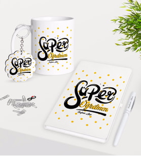 BK Gift Kişiye Özel Süper Öğretmeni Kupa Anahtarlık Beyaz Defter Kalem Hediye Seti-1 (Model 1)
