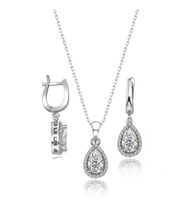 Swarovski Taşlı Damla Gümüş Kolye Küpe Set Sertifikalı Qr Kod (Gri)