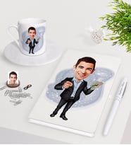 BK Gift Kişiye Özel Erkek Bankacı Karikatürlü Beyaz Defter Kalem Türk Kahvesi Fincanı Seti-1 (Model 1)