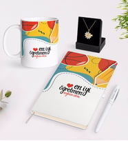 BK Gift Kişiye Özel En İyi Öğretmen Beyaz Kupa Defter Kalem ve İsimli Papatya Kolye Hediye Seti-5 (Model 1)