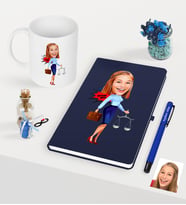 BK Gift Kişiye Özel Bayan Avukat Karikatürlü Lacivert Defter Kalem Kupa Seti - 3 (Model 1)